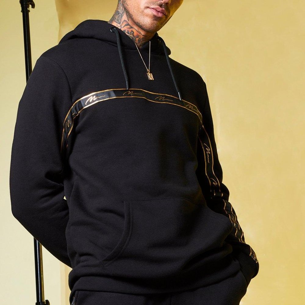 NWOT boohoo MAN Gold Foil Tape Hoodie Medium
